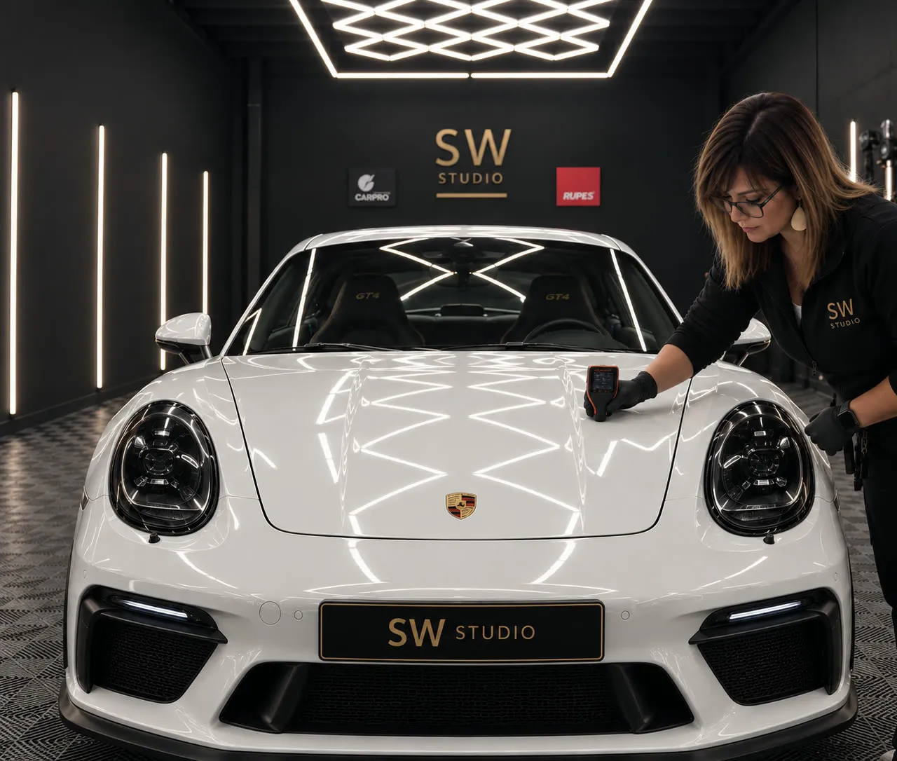 Técnica de SW Studio midiendo el espesor de pintura de un Porsche antes de instalar el PPF