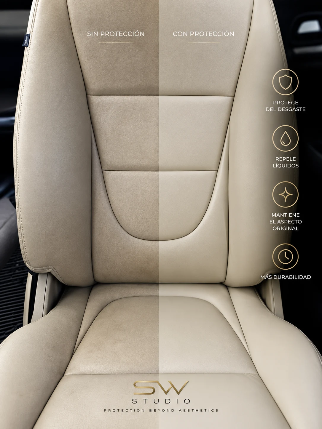 Comparativa de un asiento de cuero sin protección y con protección cerámica CARPRO aplicada por SW Studio